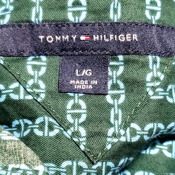 TOMMY HILFIGER SHIRT DRESS. WOMENS Sz:L GOLD BUTTONS GREEN/TEAL/BLUE CHAINLINK - Picture 2 of 10